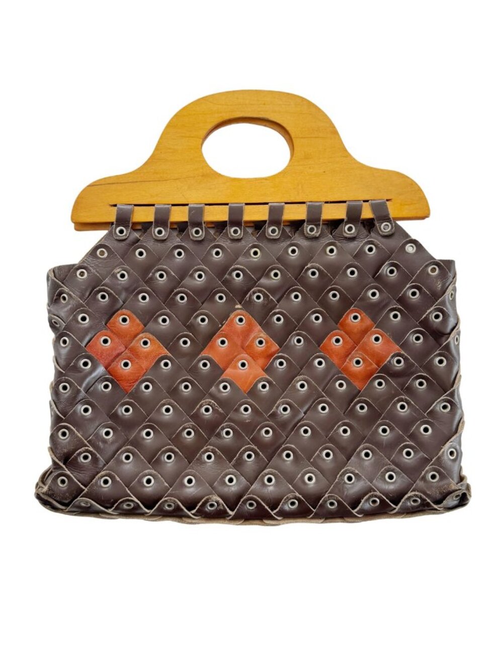 Vintage 1970s Tote Bag Riveted Leather Pieced Patchwork Handbag Purse Boho